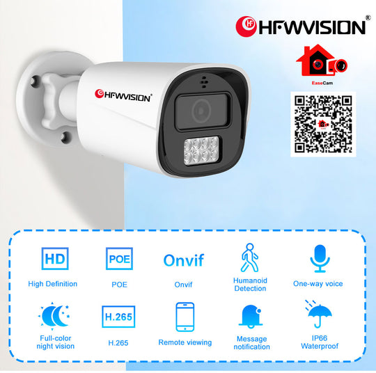 hf‑nfwvision poe bullet ip camera main feature overview with qr code demo diagram