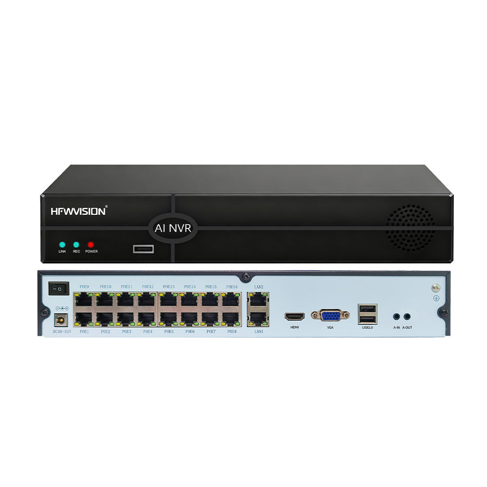 HFWVISION 16 channel POE NVR back interface close-up for security camera system
