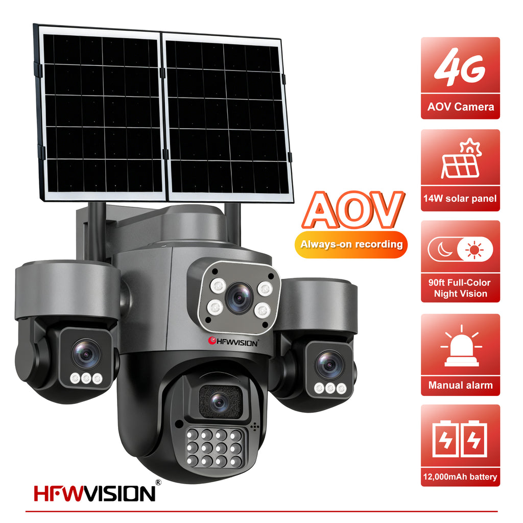8MP Quad-Lens 4G Solar Security Camera AOV with 14W Solar Panel & Full-Color Night Vision