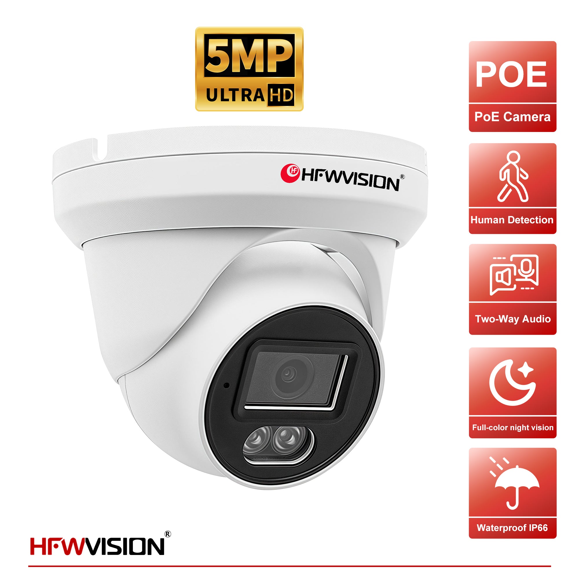 5MP Starlight Dome POE Camera - Full Color Night Vision, Two-Way Audio
