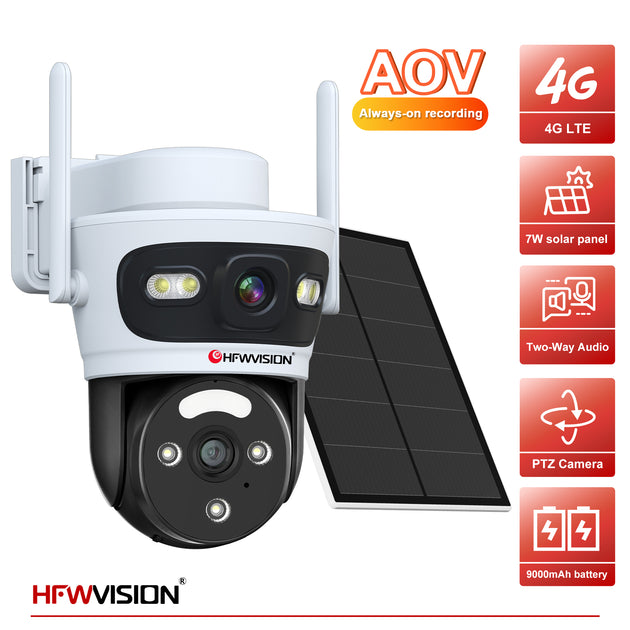 HF-BS19A 4G LTE AOV solar PTZ security camera with dual lens, 7W solar panel, 9000mAh battery, two-way audio for outdoor surveillance