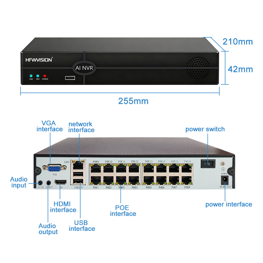 4-8-16 channel PoE NVR with AI recording, dimensions 255x210x42mm, featuring HDMI, VGA, USB, audio output, and PoE network interfaces for surveillance system.