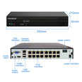4-8-16 channel PoE NVR with AI recording, dimensions 255x210x42mm, featuring HDMI, VGA, USB, audio output, and PoE network interfaces for surveillance system.