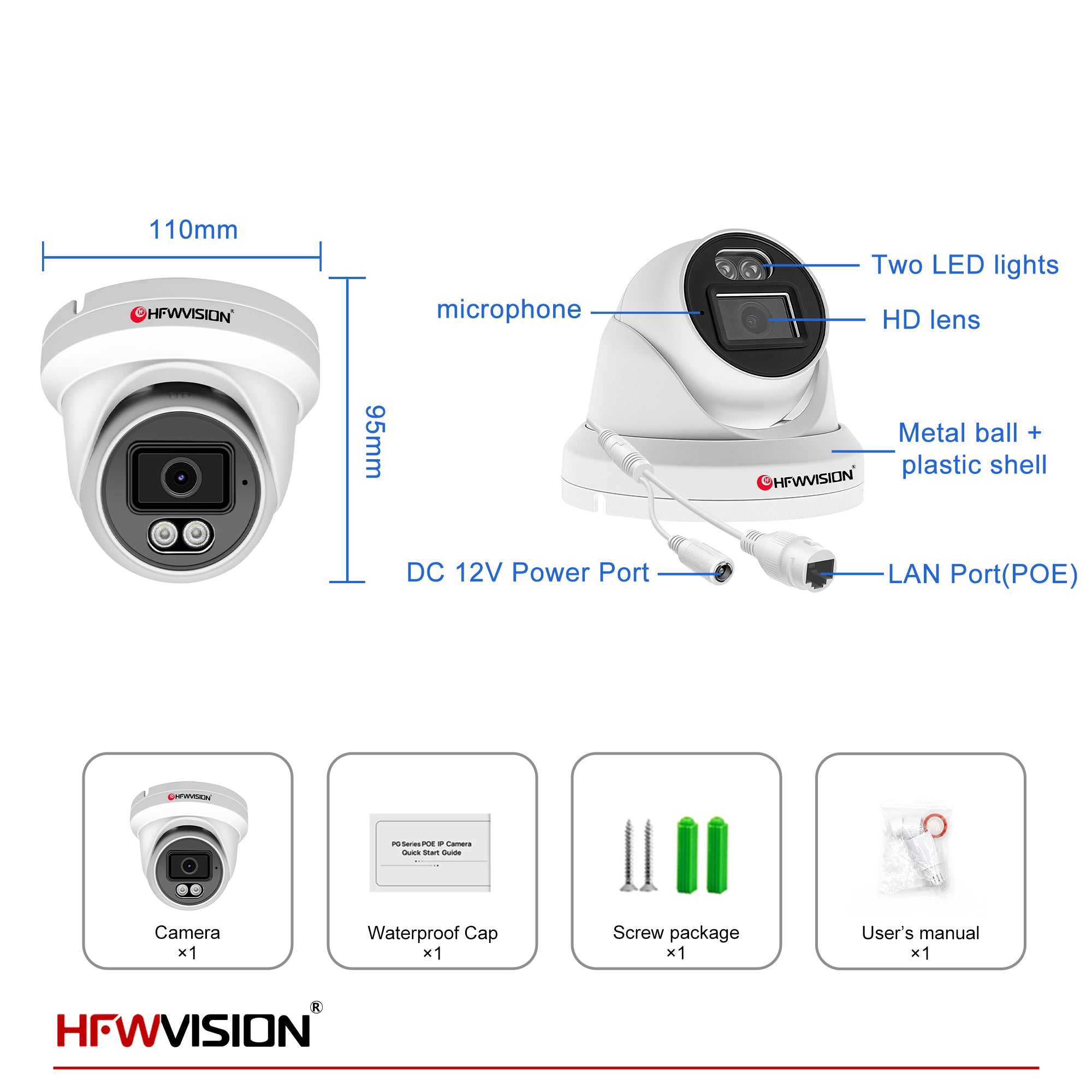 5MP Starlight Dome POE Camera - Full Color Night Vision, Two-Way Audio