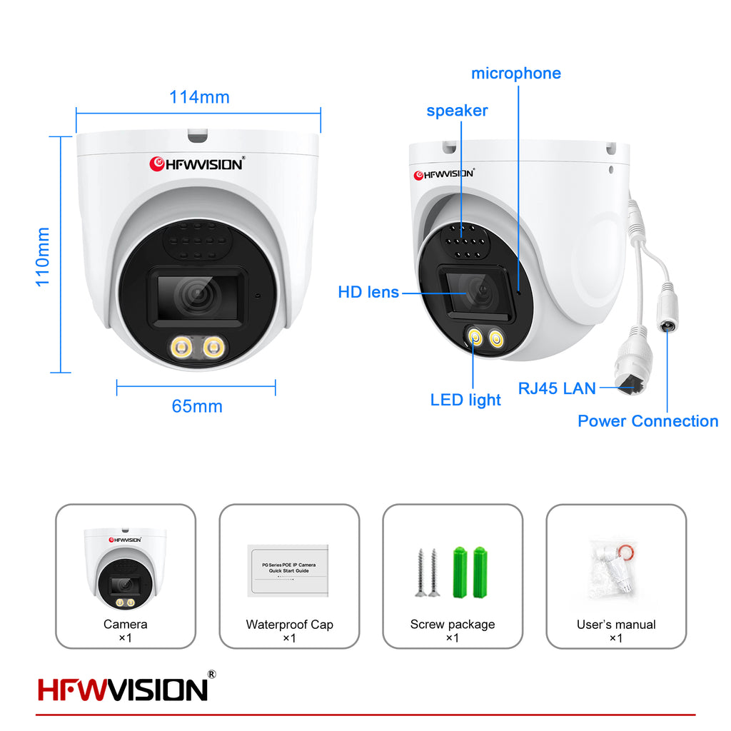 5MP Starlight Metal Dome POE Camera - Full Color Night Vision, Two-Way Audio