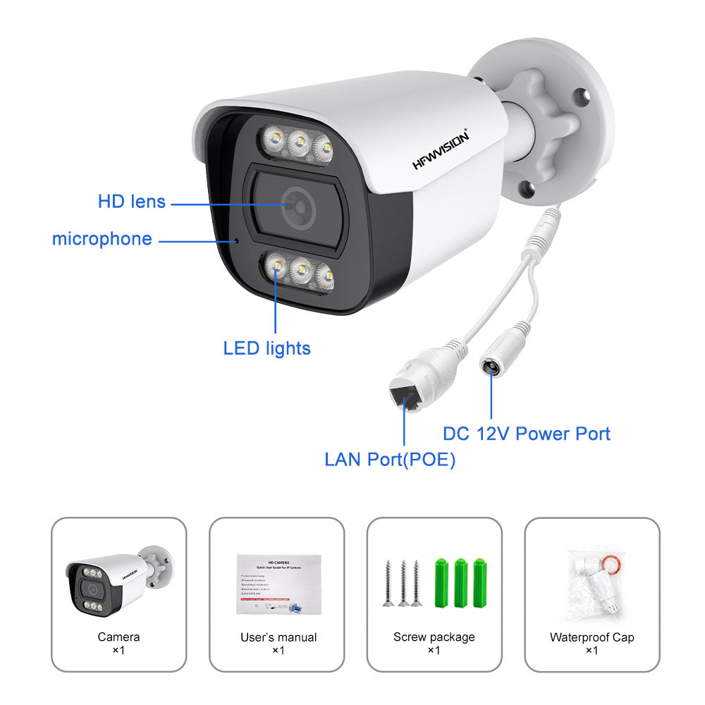 HF-NSW619D camera interface showing HD lens, microphone, LED lights, LAN PoE port and DC 12V port