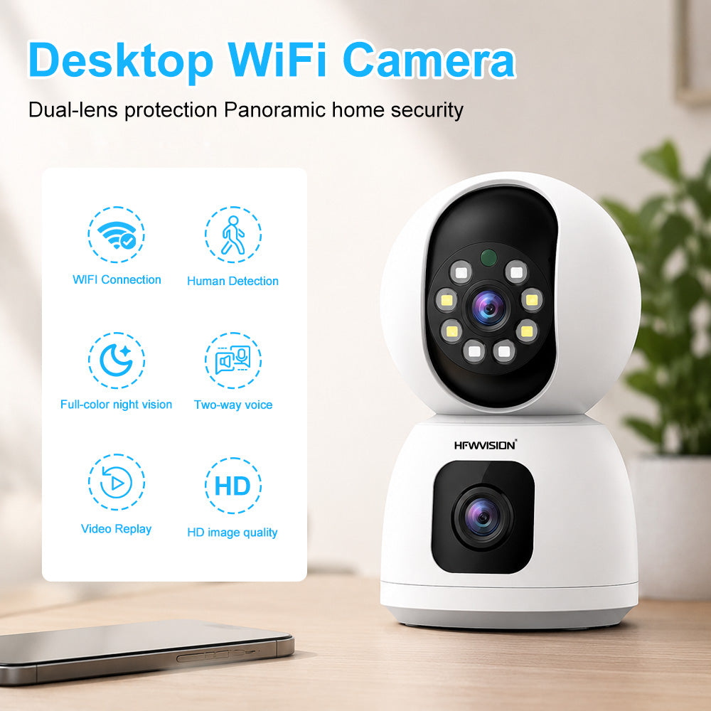 Desktop WiFi camera with dual-lens panoramic home security, full-color night vision, two-way voice, human detection, and HD video replay support.
