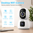 Desktop WiFi camera with dual-lens panoramic home security, full-color night vision, two-way voice, human detection, and HD video replay support.