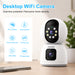 Desktop WiFi camera with dual-lens panoramic home security, full-color night vision, two-way voice, human detection, and HD video replay support.