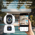 Dual-lens security camera showing dual-screen video with dual picture and dual wide-angle view, one camera equals two ordinary cameras for home surveillance.