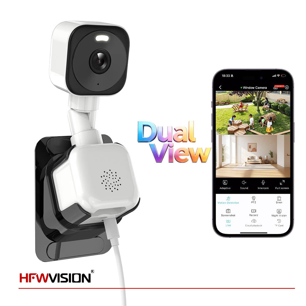 HFWVISION 2K 3MP dual-lens WiFi window security camera with dual-view monitoring