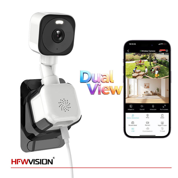 HFWVISION 2K 3MP dual-lens WiFi window security camera with dual-view monitoring
