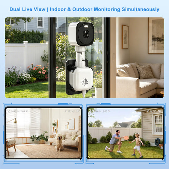 HFWVISION dual-view window security camera monitoring indoor and outdoor areas simultaneously