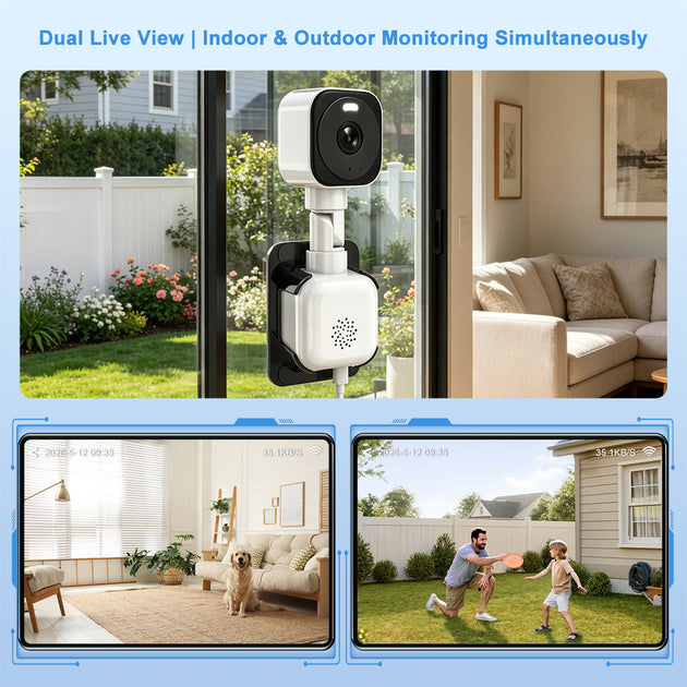 HFWVISION dual-view window security camera monitoring indoor and outdoor areas simultaneously