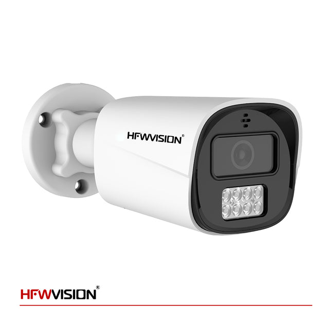 HFWVISION HF-NSW668 PoE Bullet Camera — compact white design with dual-light LED array and side wall mount bracket