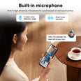HF-NSW668-E8E built-in microphone — 3-meter voice detection range with smart noise reduction, woman viewing delivery person on EaseCam app
