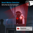 HF-NSW668-E8E Smart Motion Detection — intruder detected at window with red detection zone and EaseCam app "Unexpected visitor detected!" alert