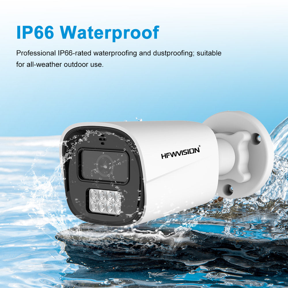 HF-NSW668-E8E IP66 waterproof and dustproof outdoor bullet camera with 8 LED lights in heavy rain and water splashes