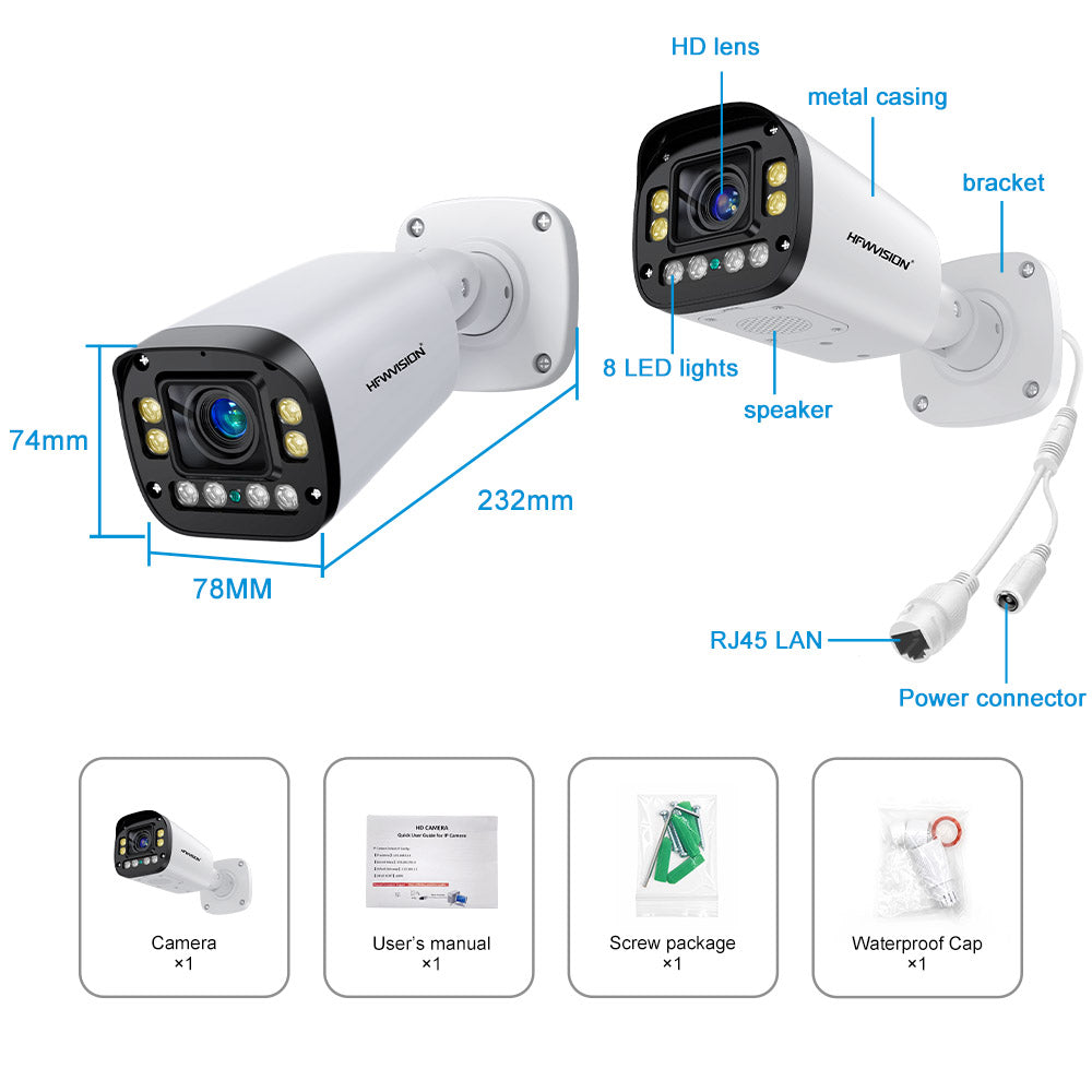 HF-NSWAF719-E8B product dimensions 232×78×74mm — HD lens, metal casing, 8 LED lights, speaker, RJ45 LAN, power connector — package includes camera, user manual, screw kit, waterproof cap
